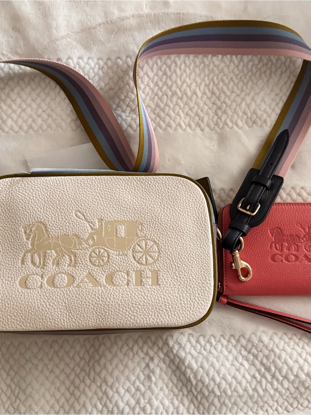 Coach Cream Pebble Leather Camera Bag with Coral Pouch & Rainbow Strap